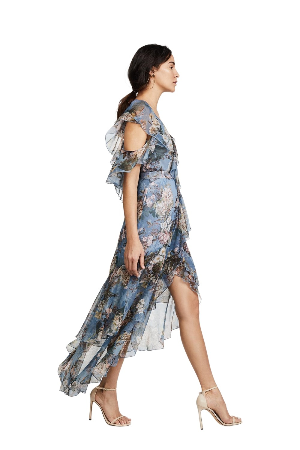 Model wearing Nicholas Arielle blue watercolour floral silk maxi with ruffle hem