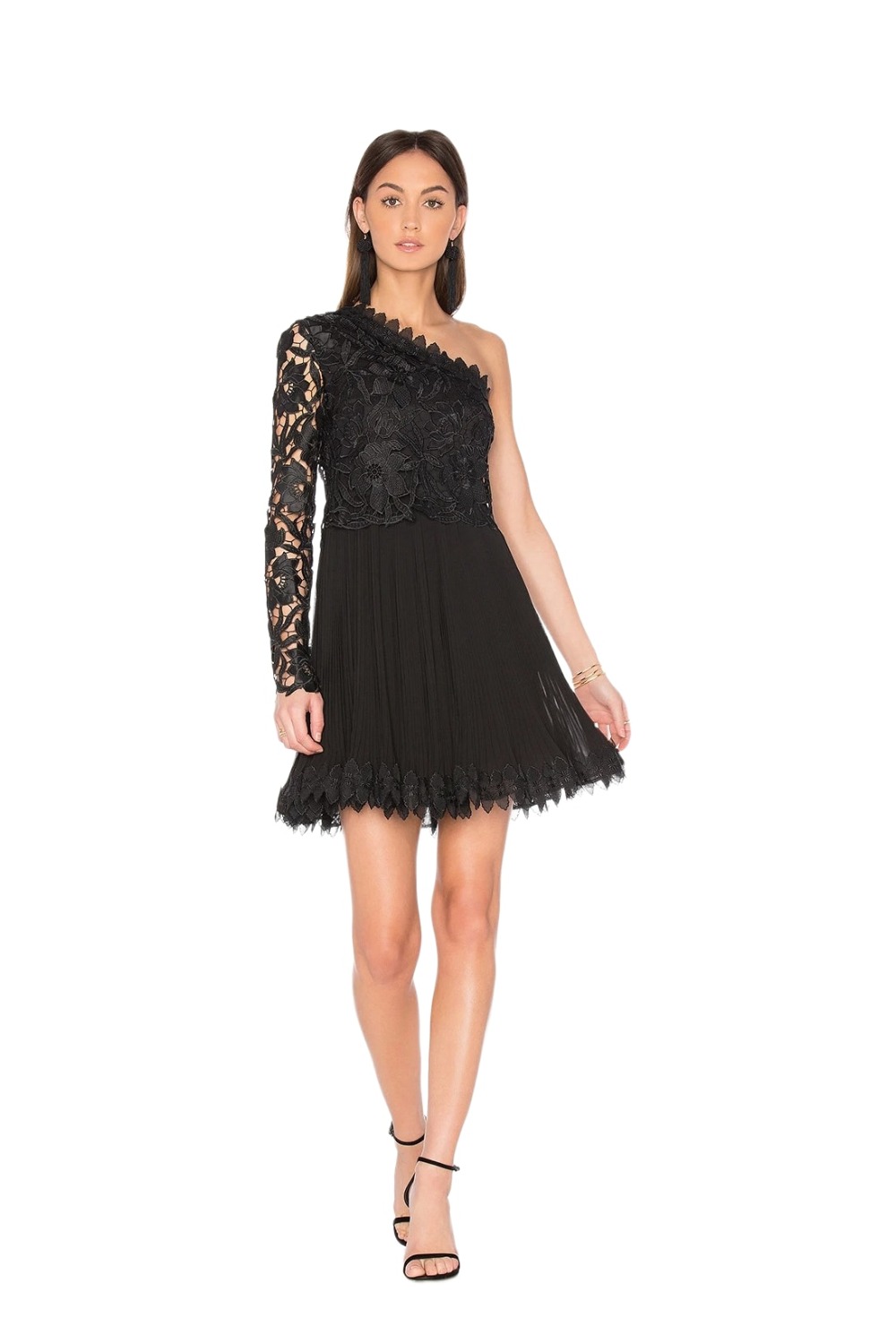Nicholas black one shoulder dress with floral appliqué lace bodice and single sleeve