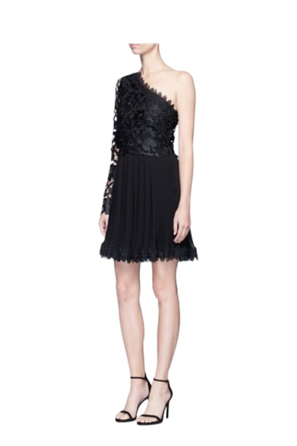 Model wearing Nicholas black botanical lace one shoulder dress with pleated skirt