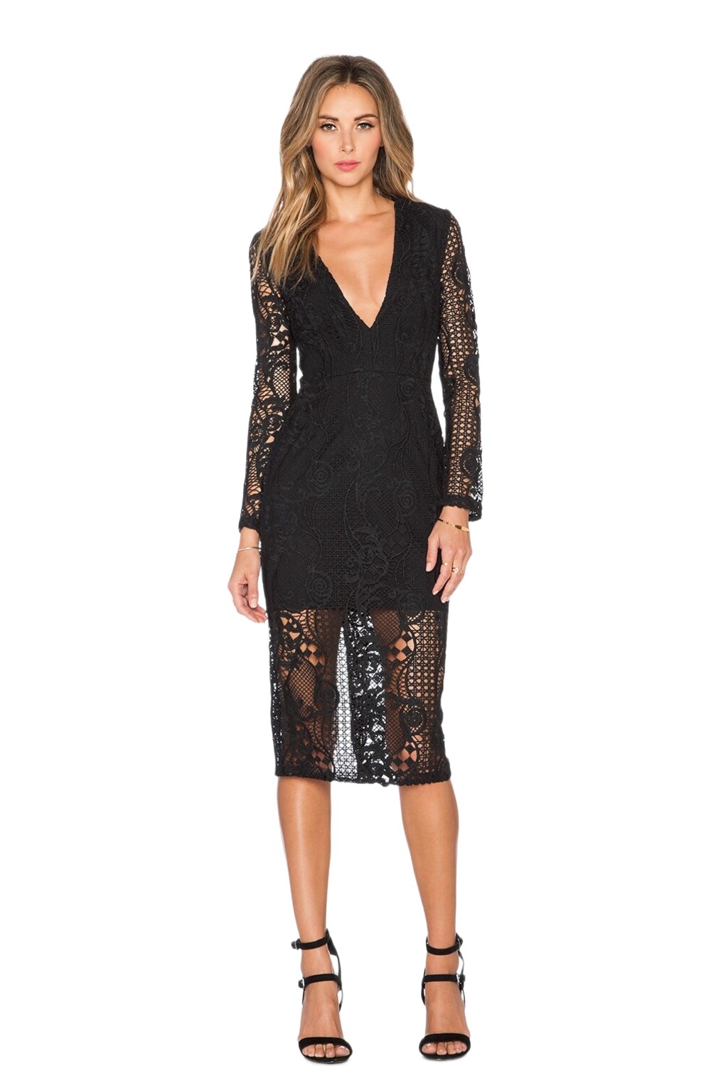 Nicholas Fleur black lace dress with deep V neckline and long sheer sleeves