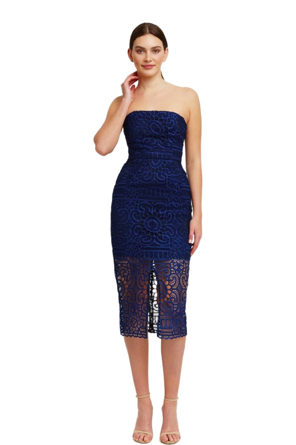 Nicholas navy floral lace strapless dress with straight neckline