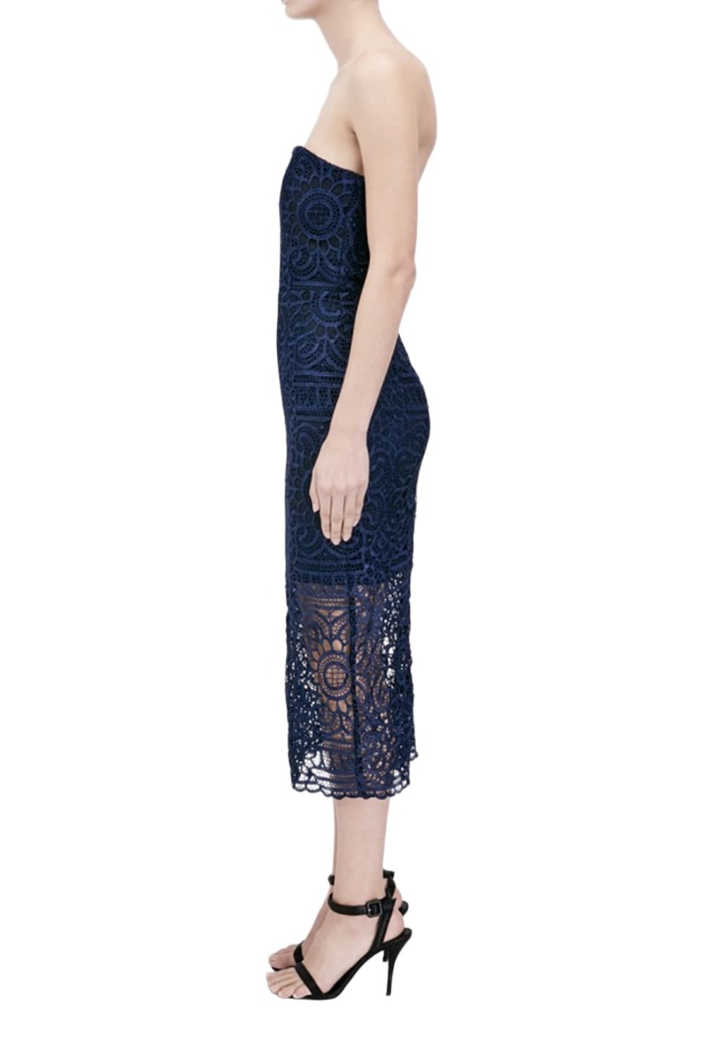 Model wearing Nicholas the Label navy floral lace strapless dress