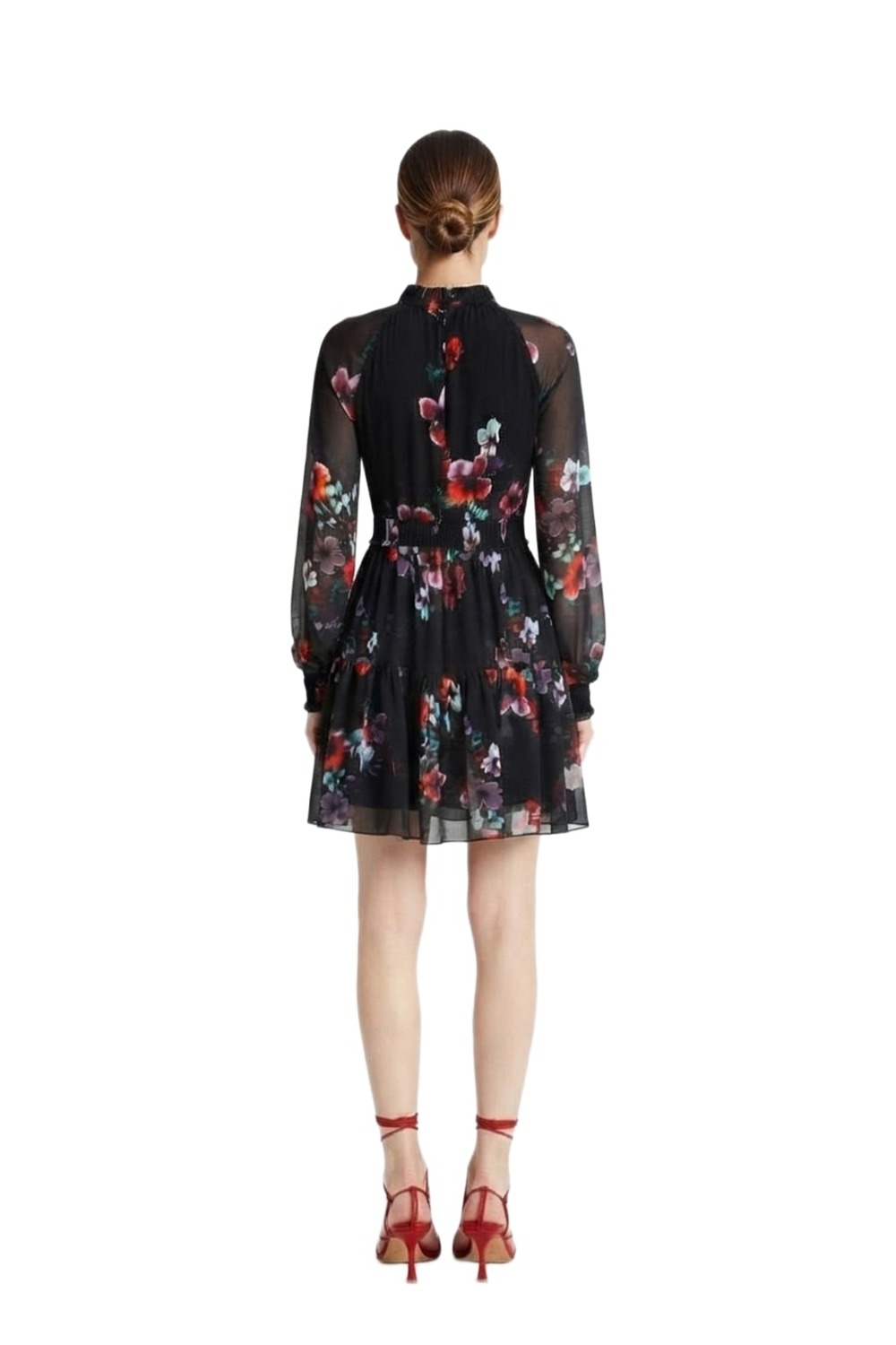 Back of Nicholas black floral silk mini dress with hidden zip