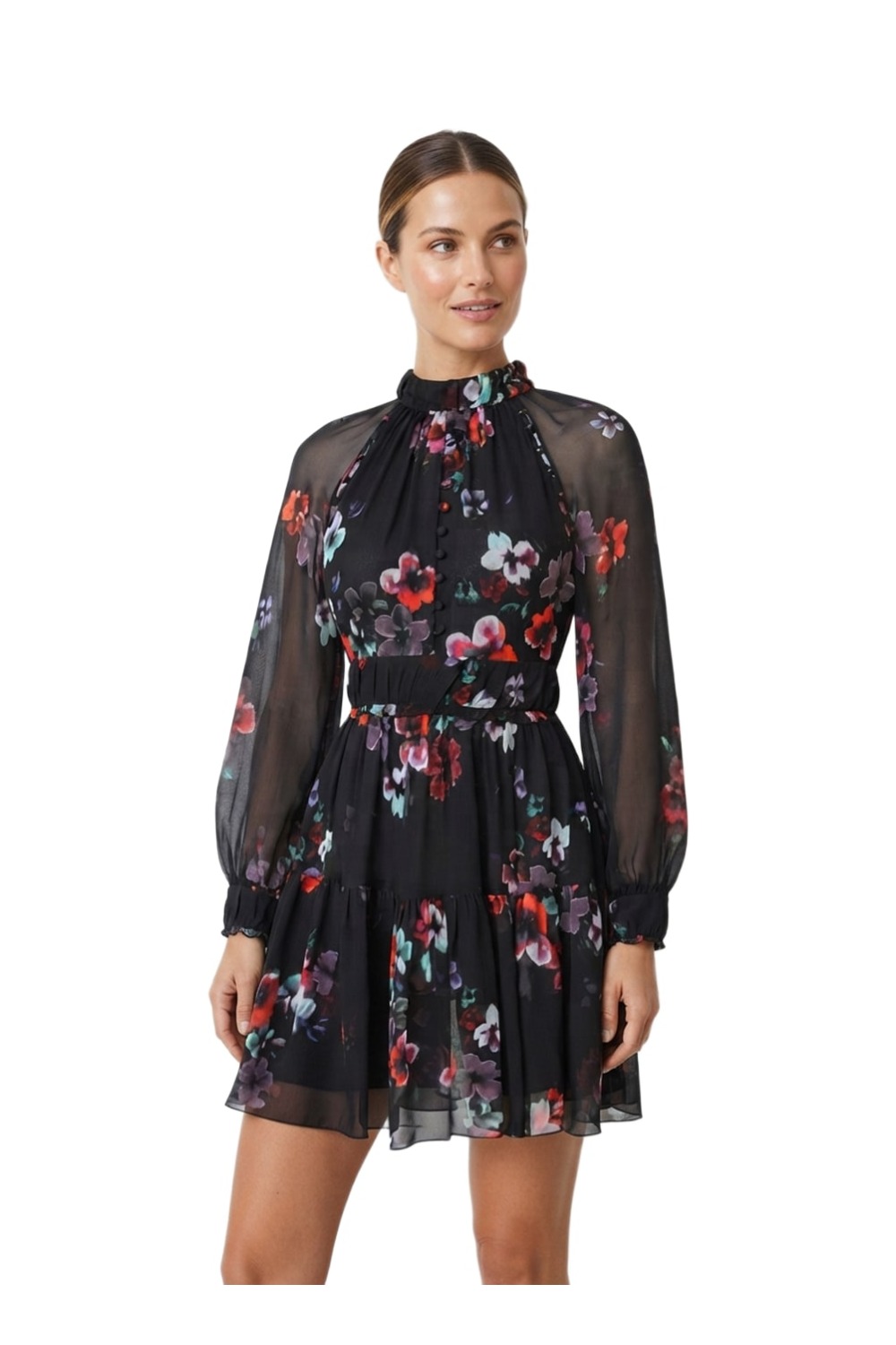 Nicholas black lilac floral silk mini dress with mock neck and long sheer sleeves