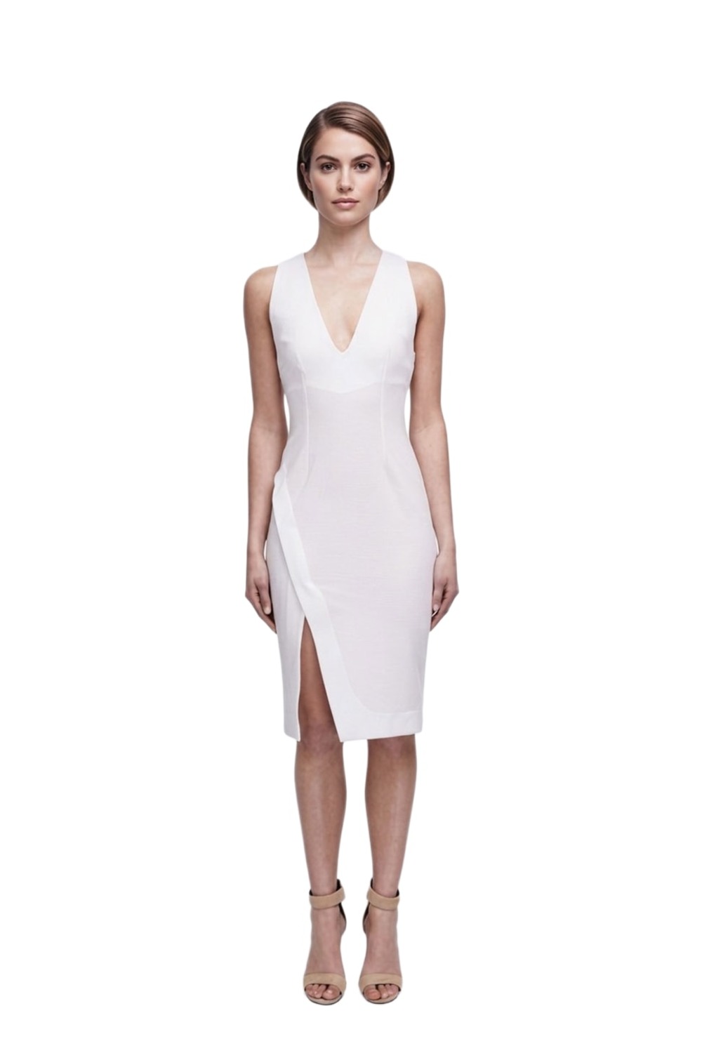 Nicholas white ponti dress with deep V neckline and panelled bodice