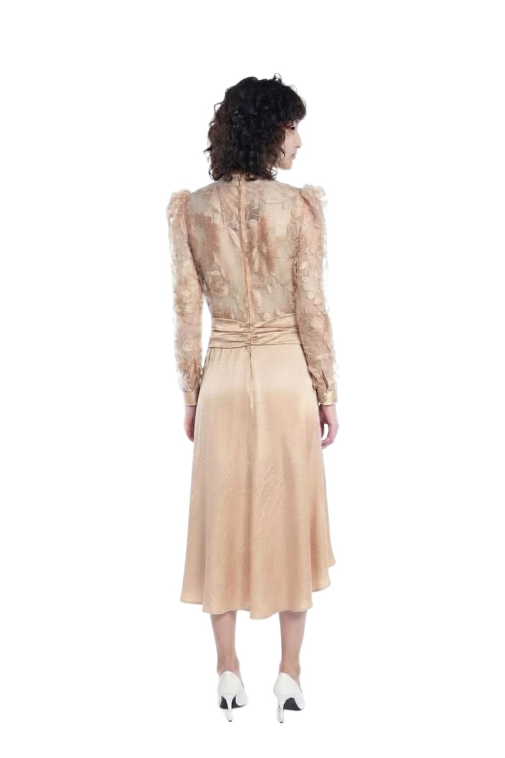 Back of Nicola Finetti champagne lace and satin midi dress
