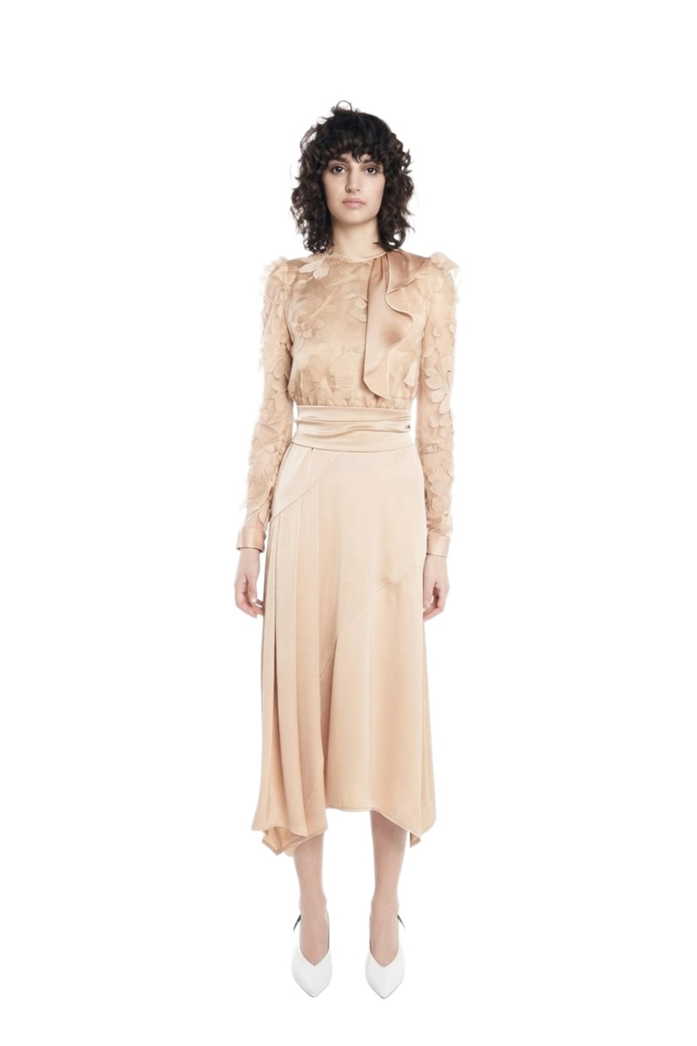 Nicola Finetti champagne dress with floral lace bodice and satin neck-tie