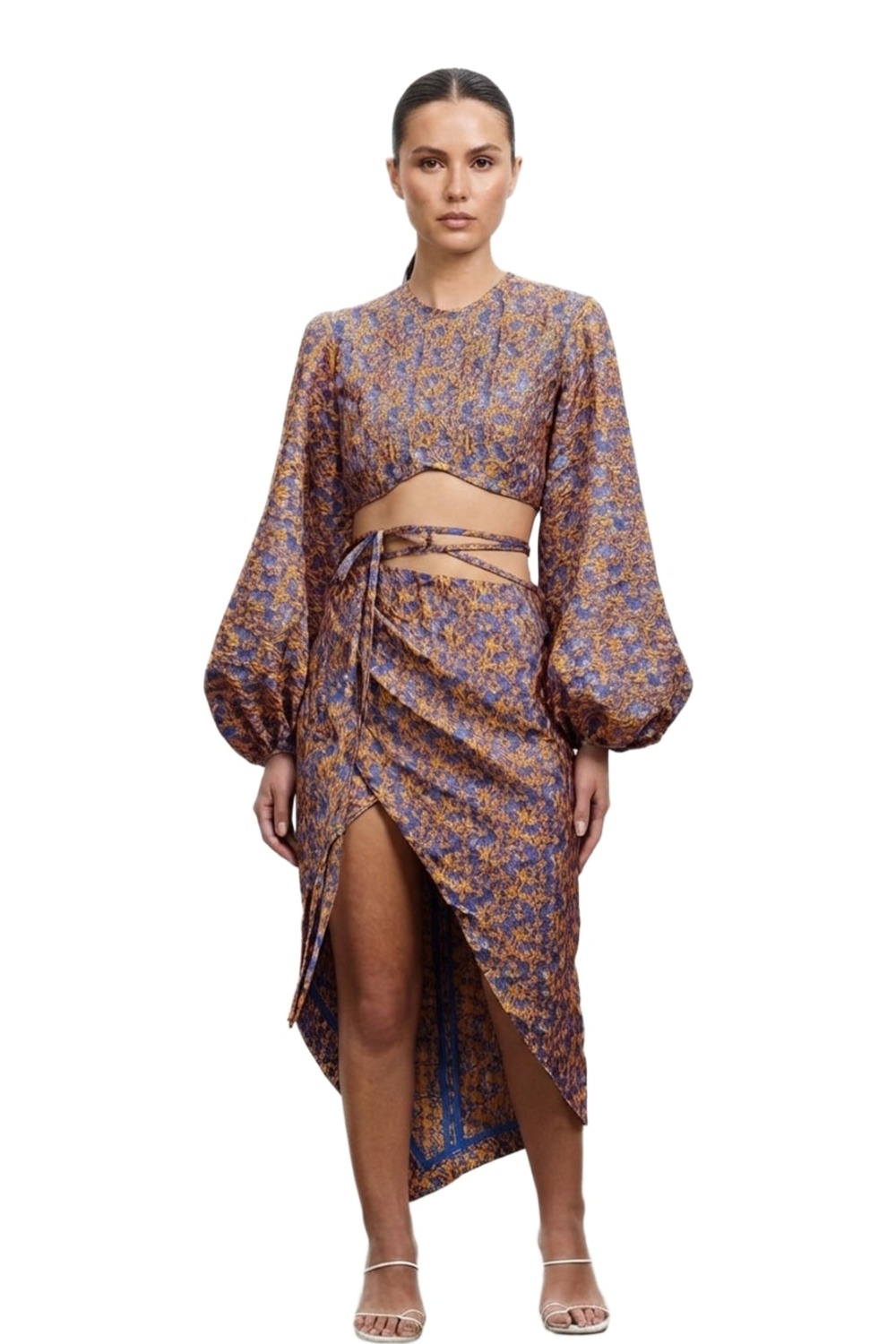 Nicola Finetti orange and cobalt embroidered floral top and skirt set