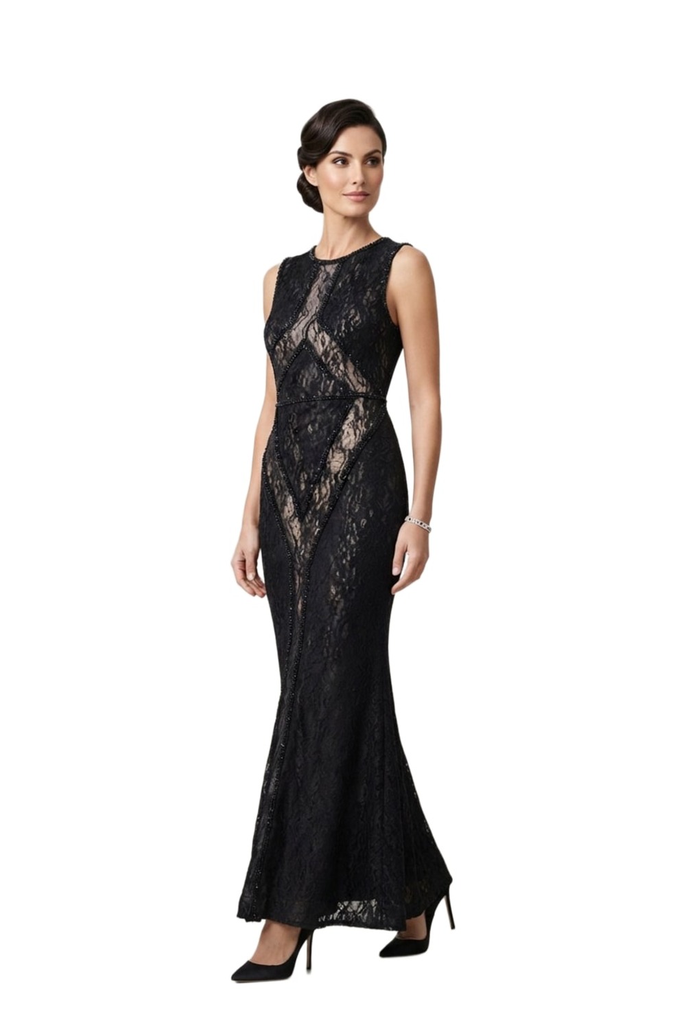 Model wearing Rachel Gilbert Jade black lace fishtail gown with beaded panelling