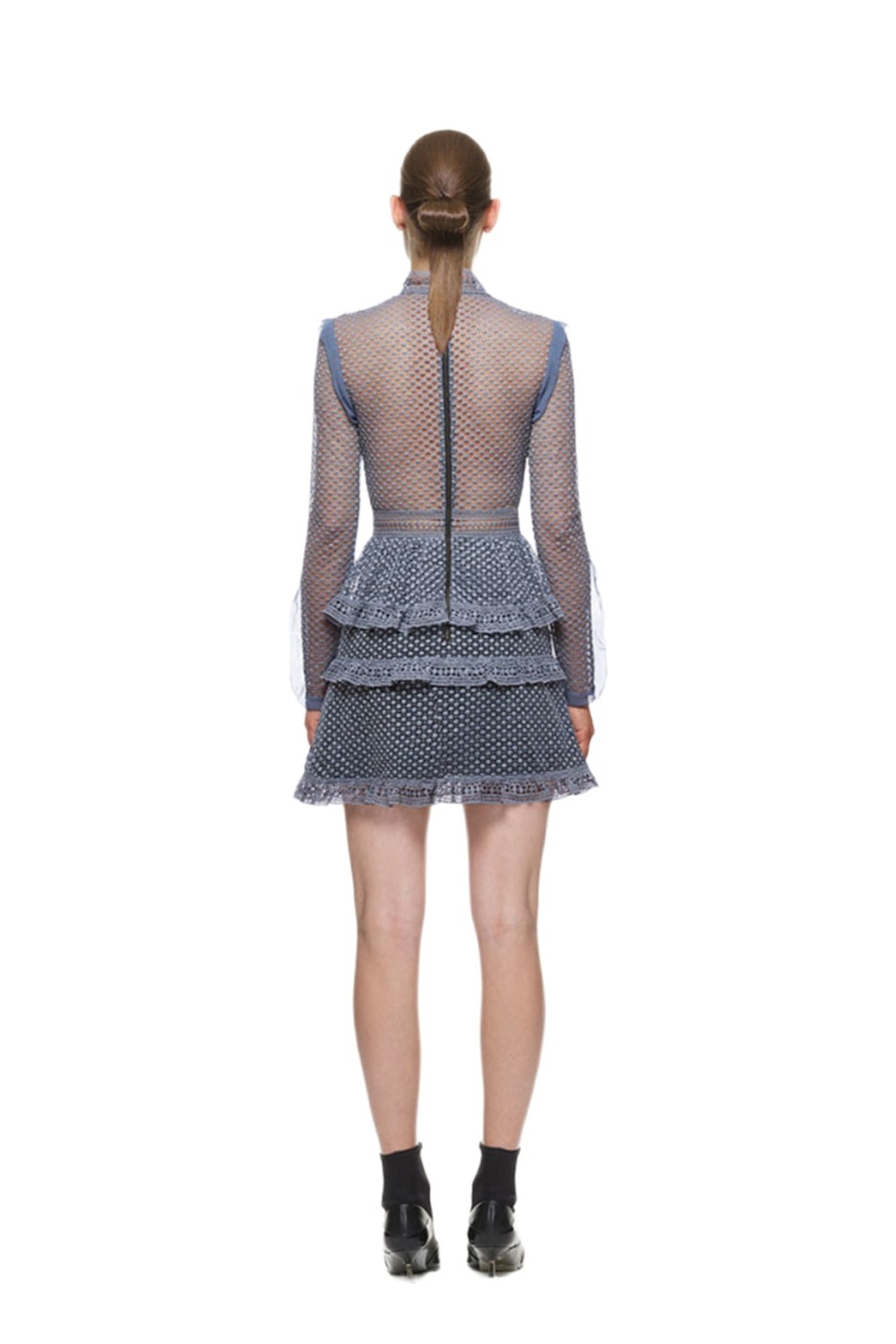 Back of Self-Portrait dove grey dot mesh mini dress with back zip