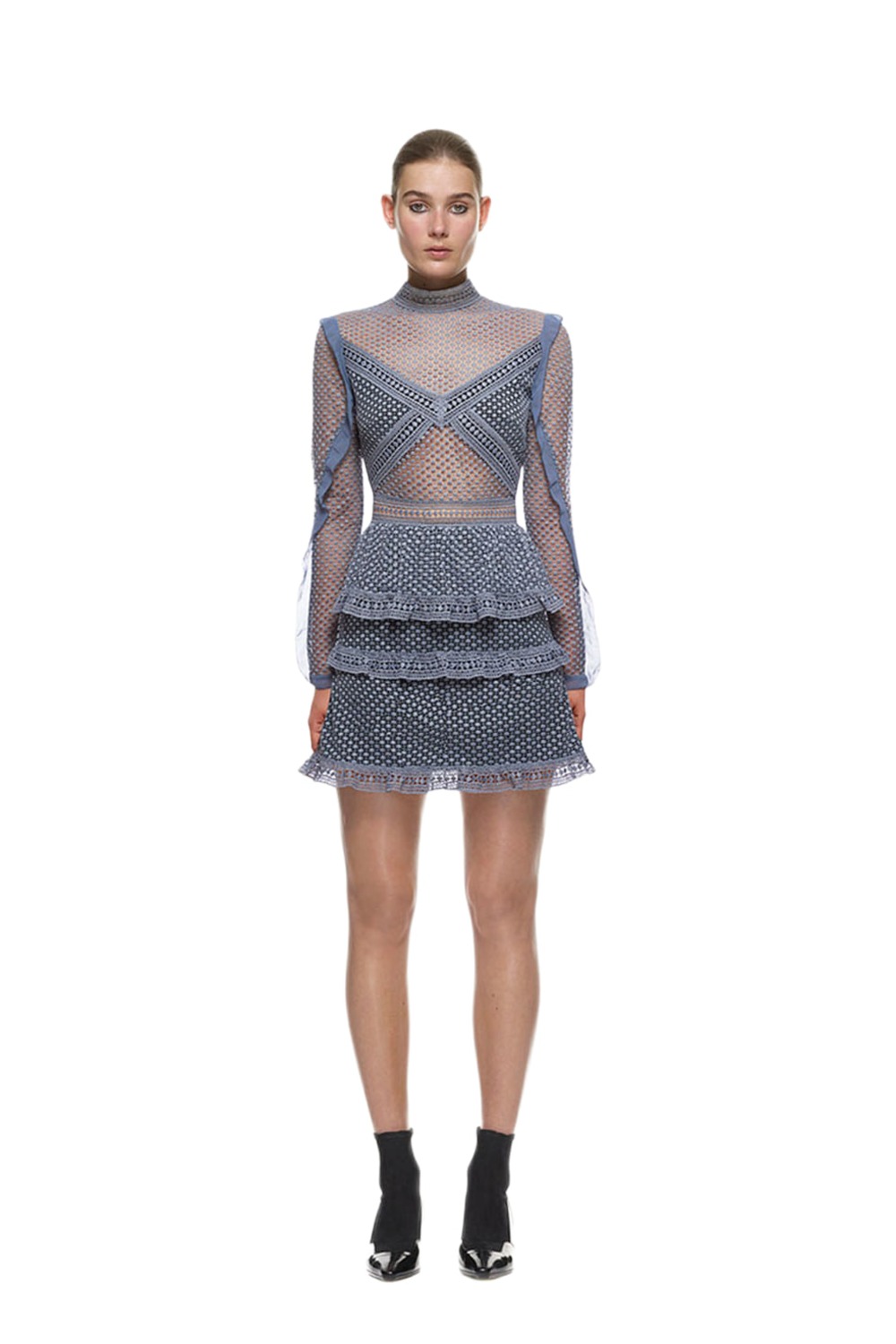Self-Portrait dove grey dot mesh mini dress with collar stand
