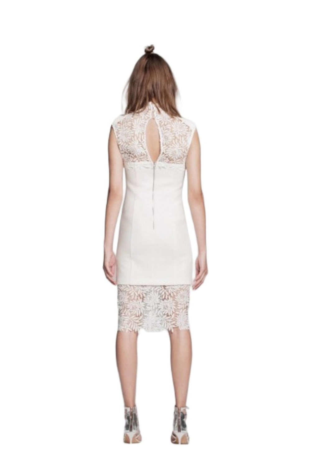 Back of White Suede Lace Ambiguity white dress showing sheer lace keyhole