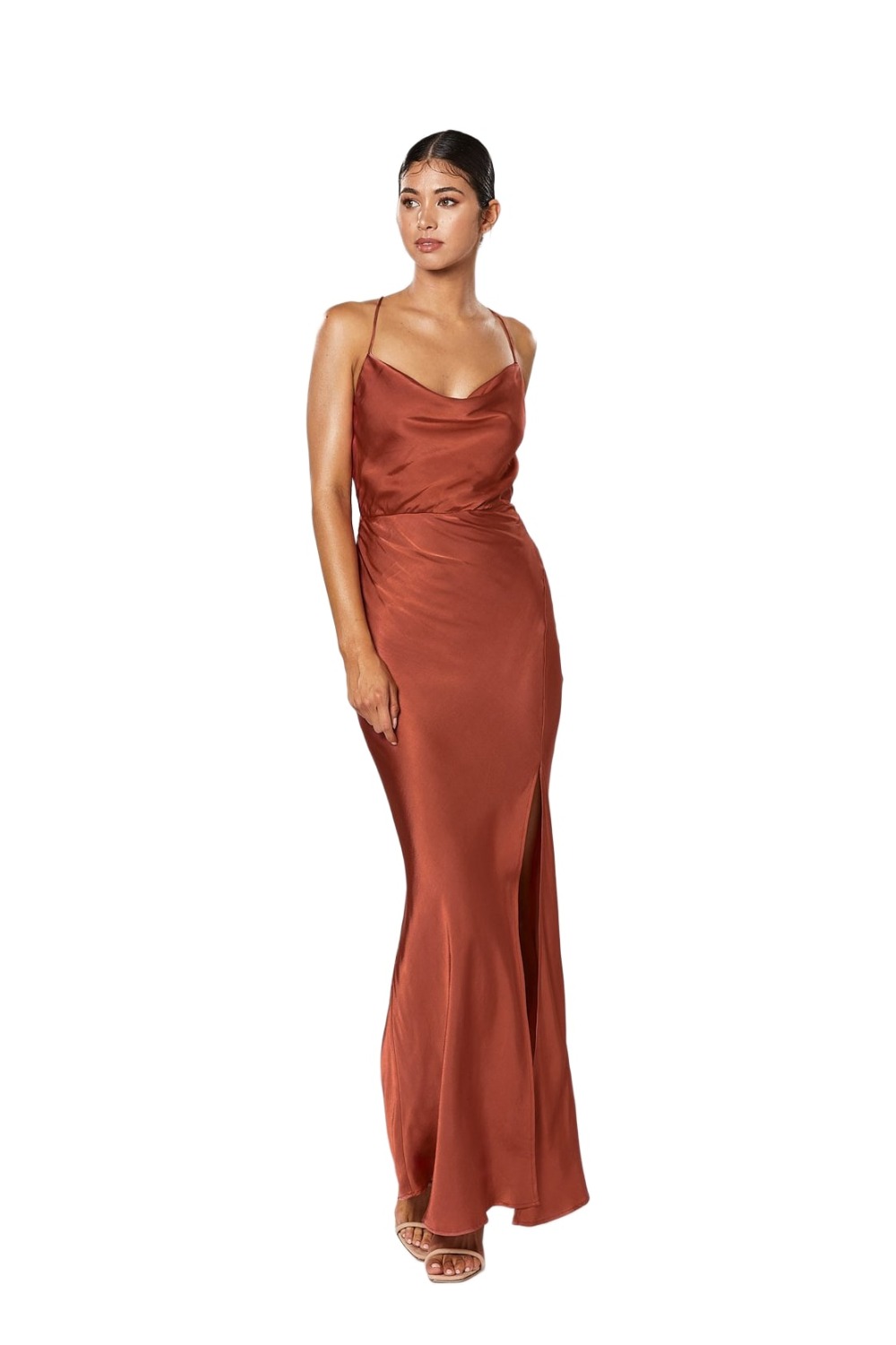 Winona Alma copper satin gown with cowl neckline and thin straps