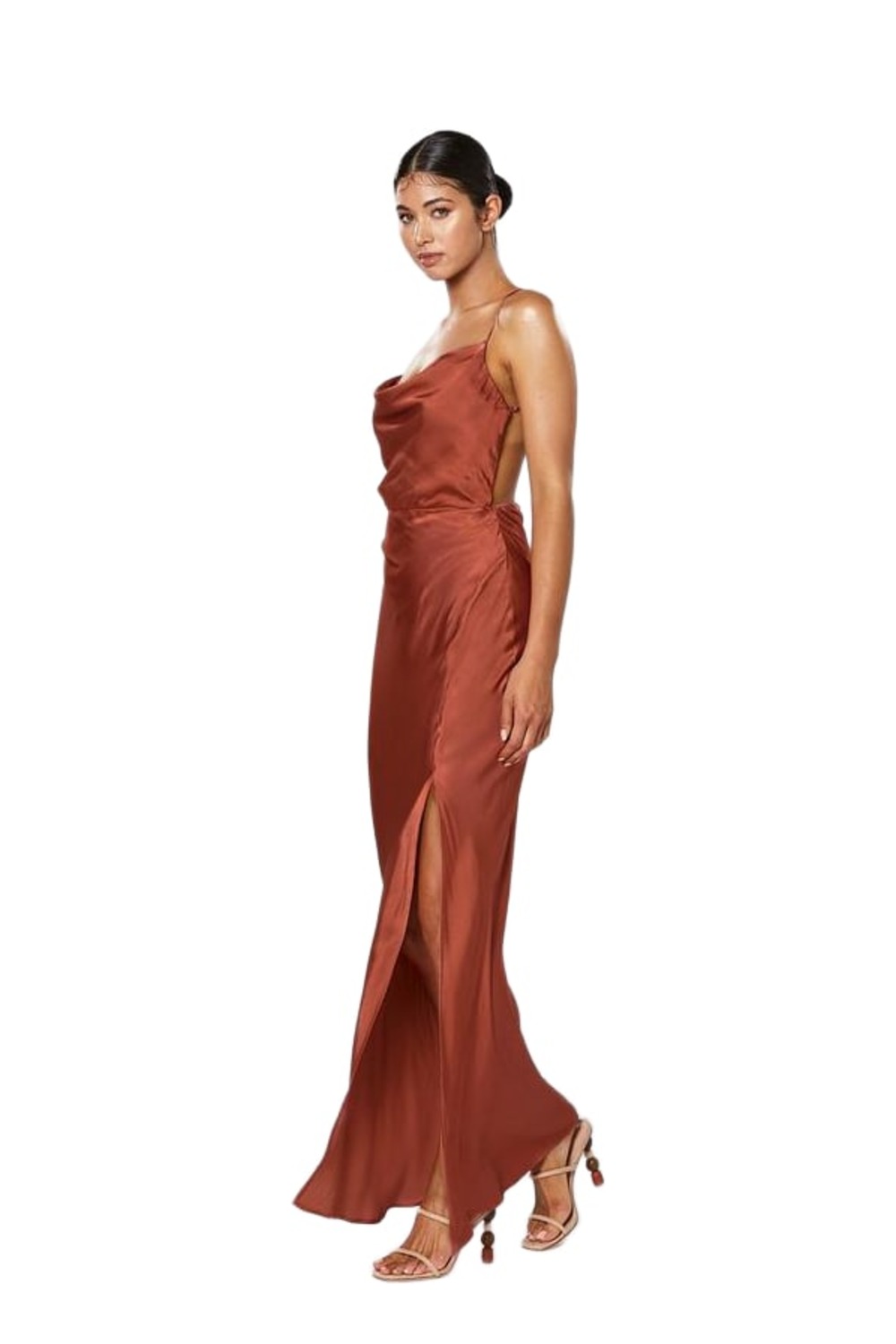 Model wearing Winona Alma copper satin cowl neck gown with thigh split