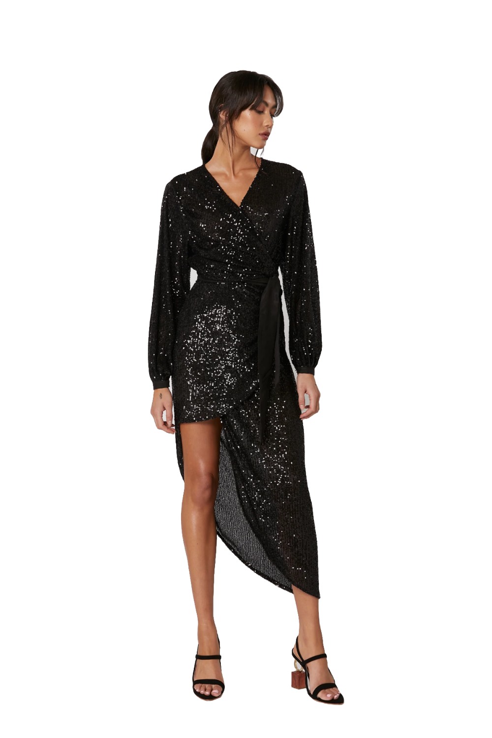 Winona Amara black sequin wrap dress with V-front bodice and blouson sleeves