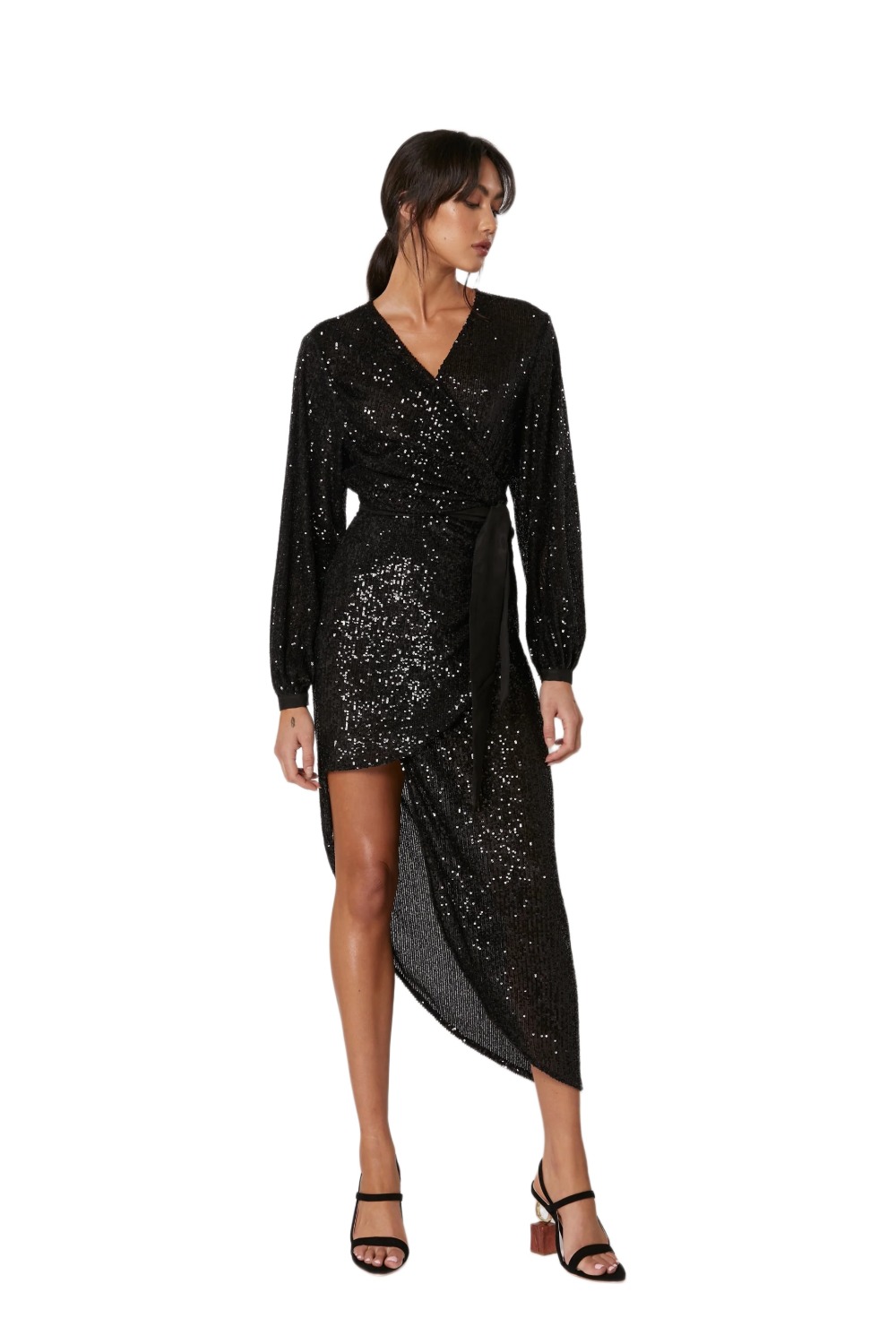 Winona Amara black sequin wrap dress with V-front bodice and blouson sleeves