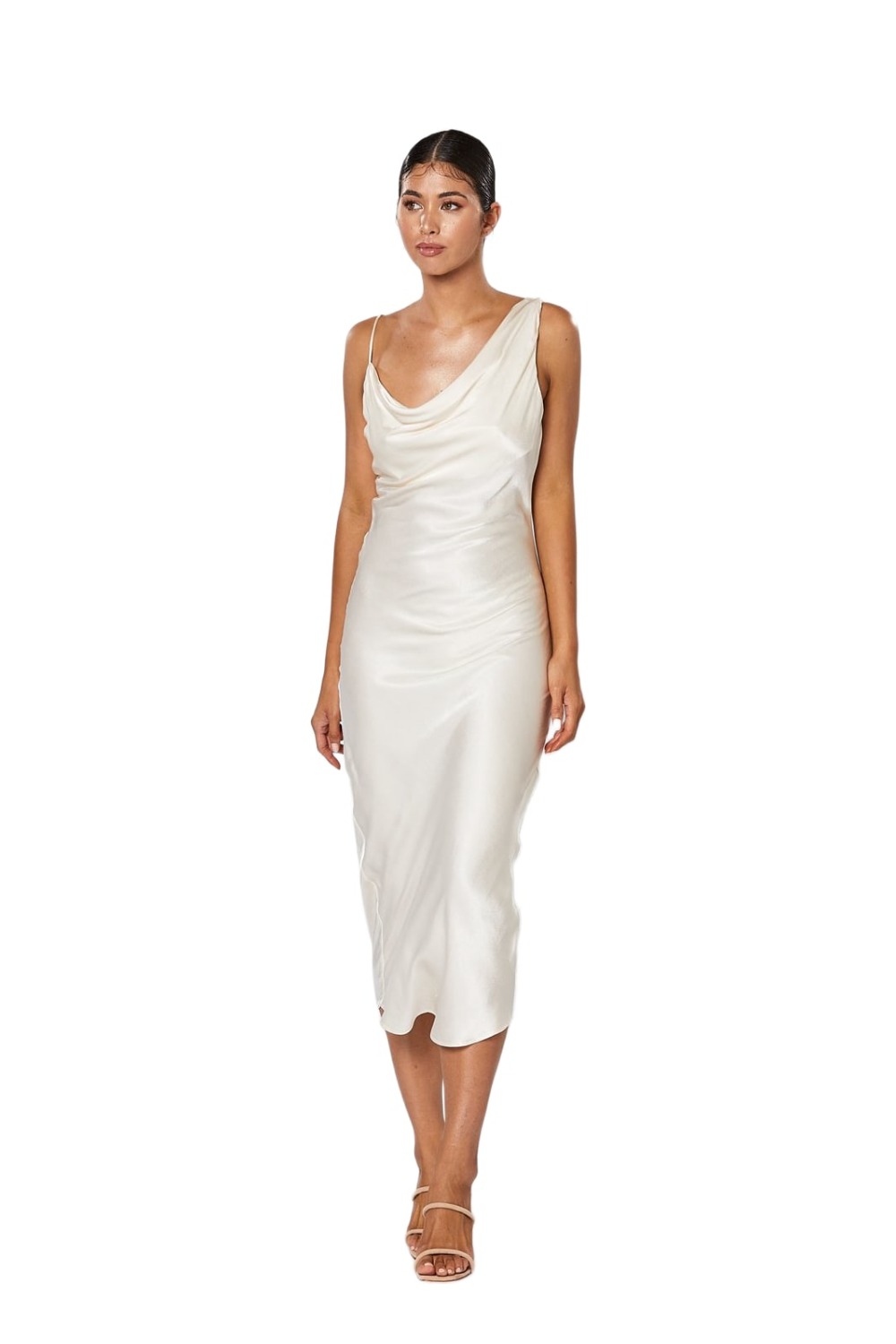 Winona Cara pearl satin dress with cowl neckline and asymmetric shoulder drape