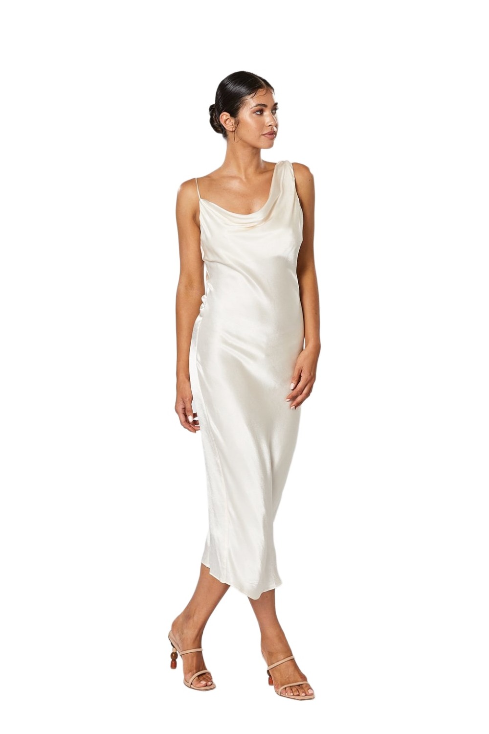 Model wearing Winona Cara pearl satin cowl neck midi dress on the right side
