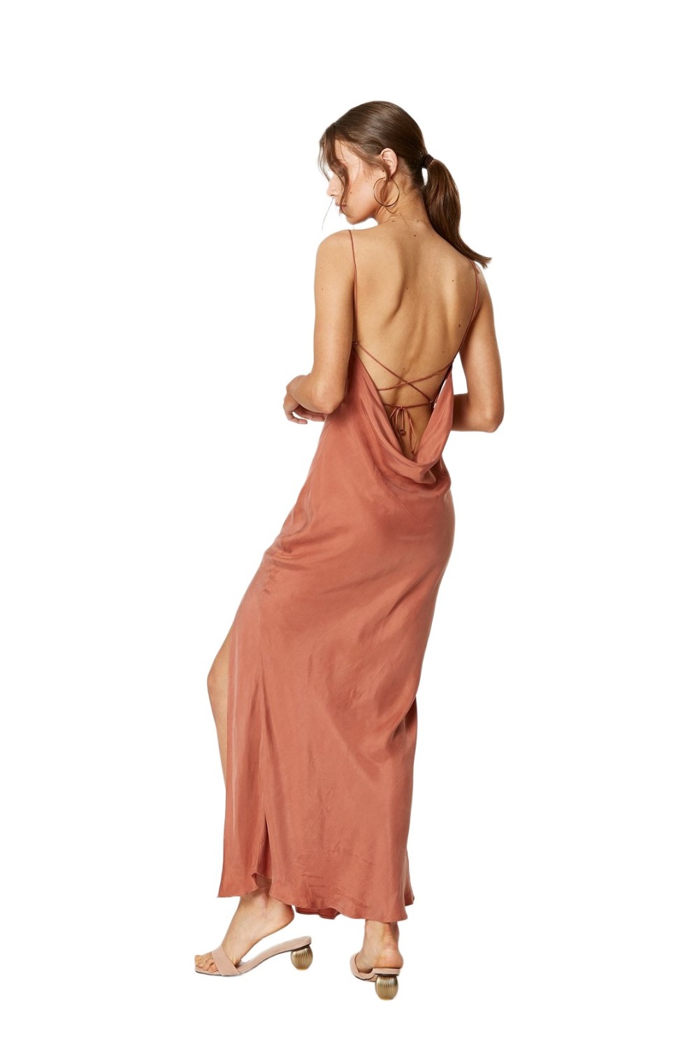 Back of Winona Dusk rust maxi dress showing low scoop cowl back with string tie
