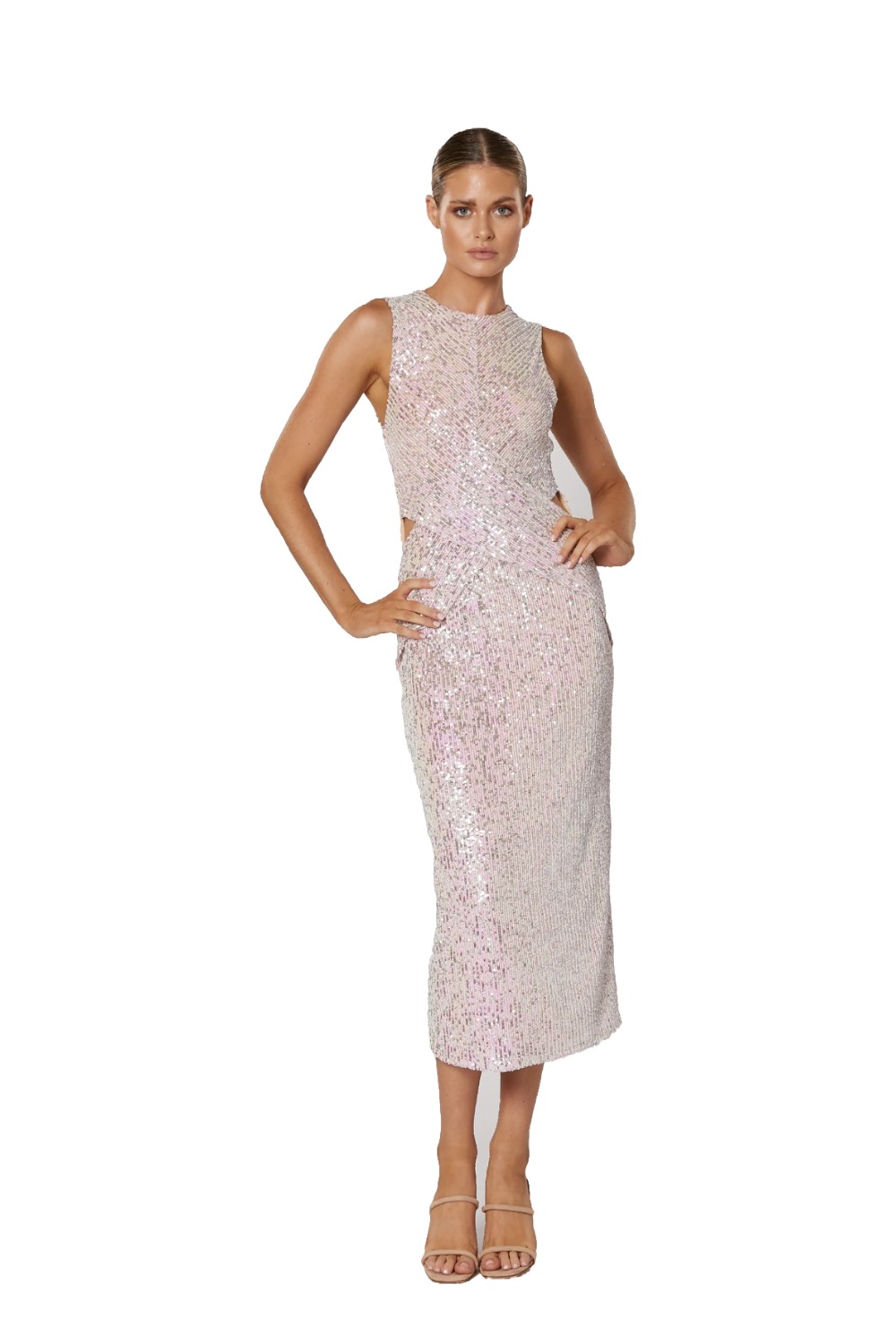 Winona Kiama iridescent pink sequin midi dress with round neck and side keyhole cut-out