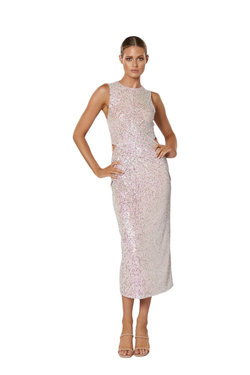 Winona Kiama iridescent pink sequin midi dress with round neck and side keyhole cut-out