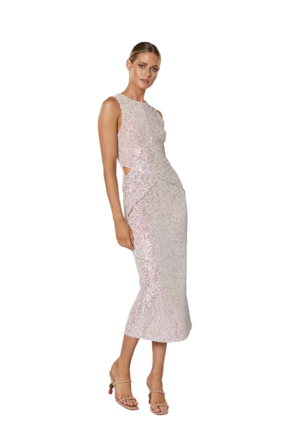Model wearing Winona Kiama iridescent pink sequin midi dress with cut-out