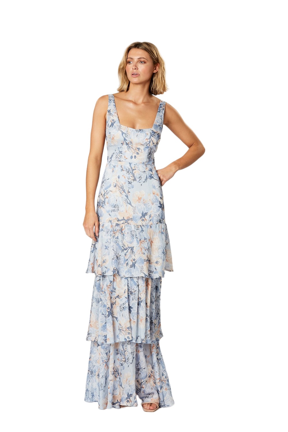 Winona Marina blue floral maxi dress with angular neckline and tiered frill skirt