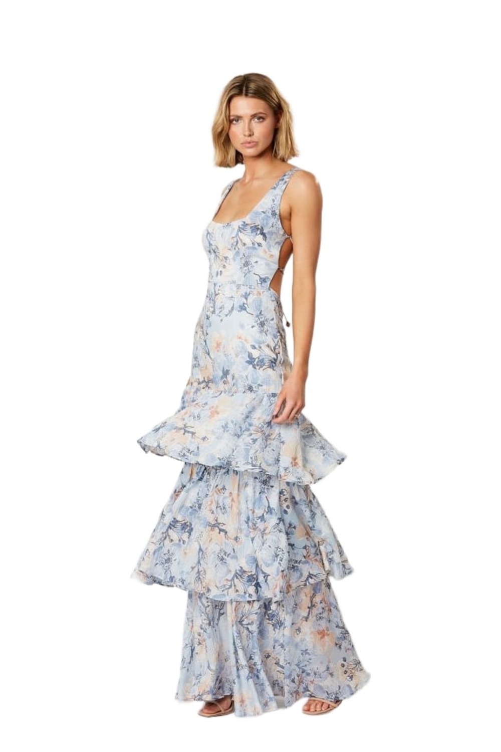 Model wearing Winona Marina blue watercolour floral tiered maxi dress