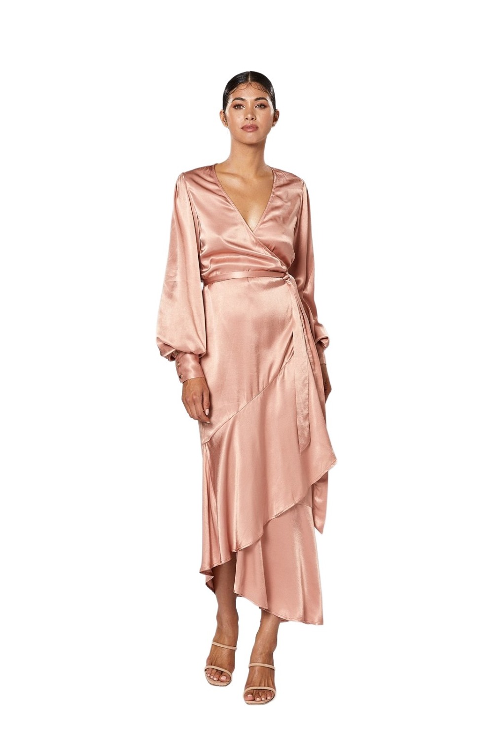 Winona Miele dusty pink satin wrap dress with deep V neckline and blouson sleeves