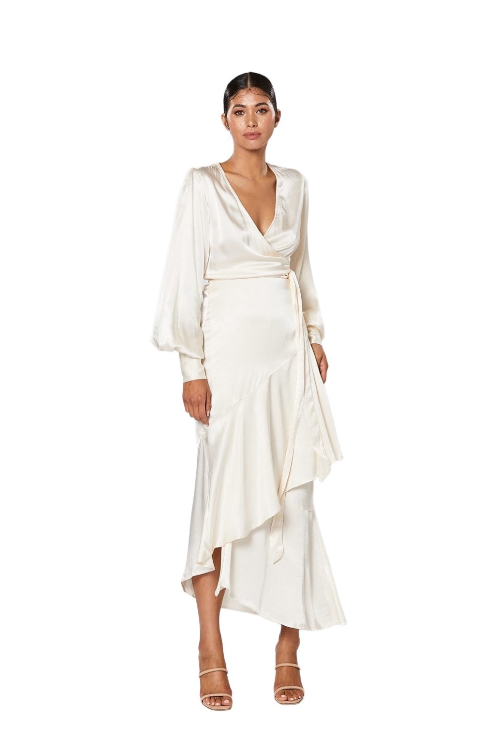 Winona Miele pearl satin wrap dress with deep V neckline and blouson sleeves
