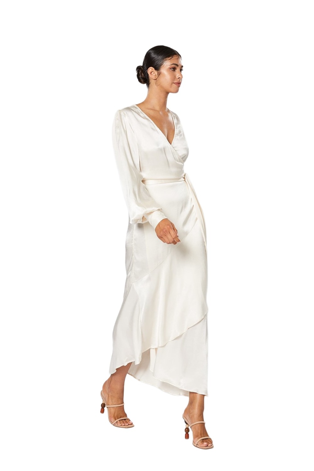 Model wearing Winona Miele pearl satin wrap dress with bias ruffle hem