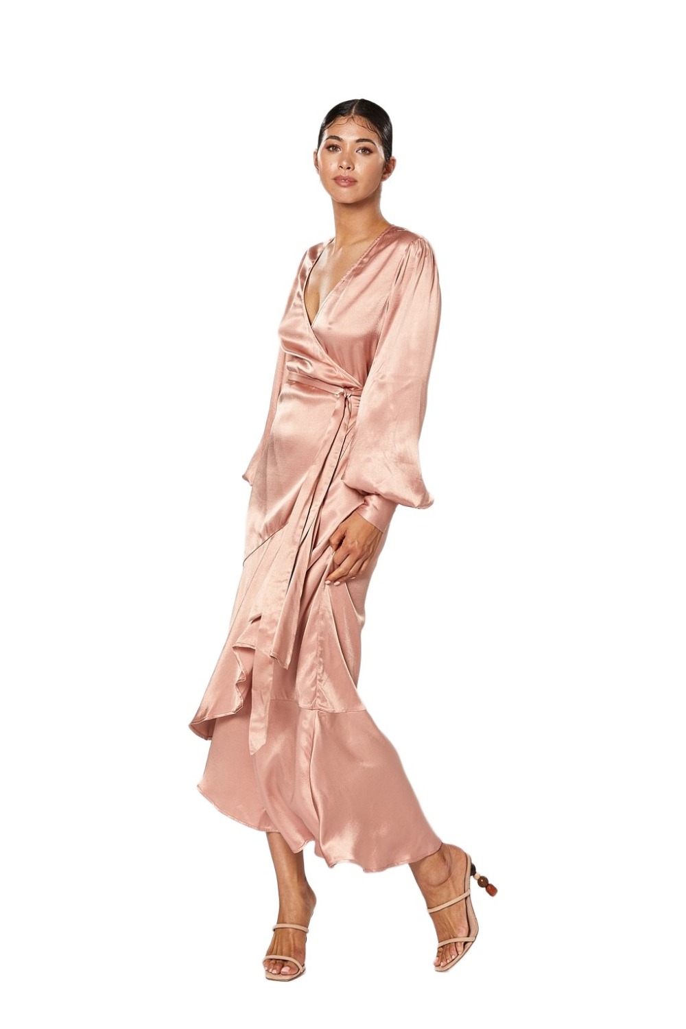 Model wearing Winona Miele dusty pink satin wrap dress with bias ruffle hem demonstrating the side of the dress