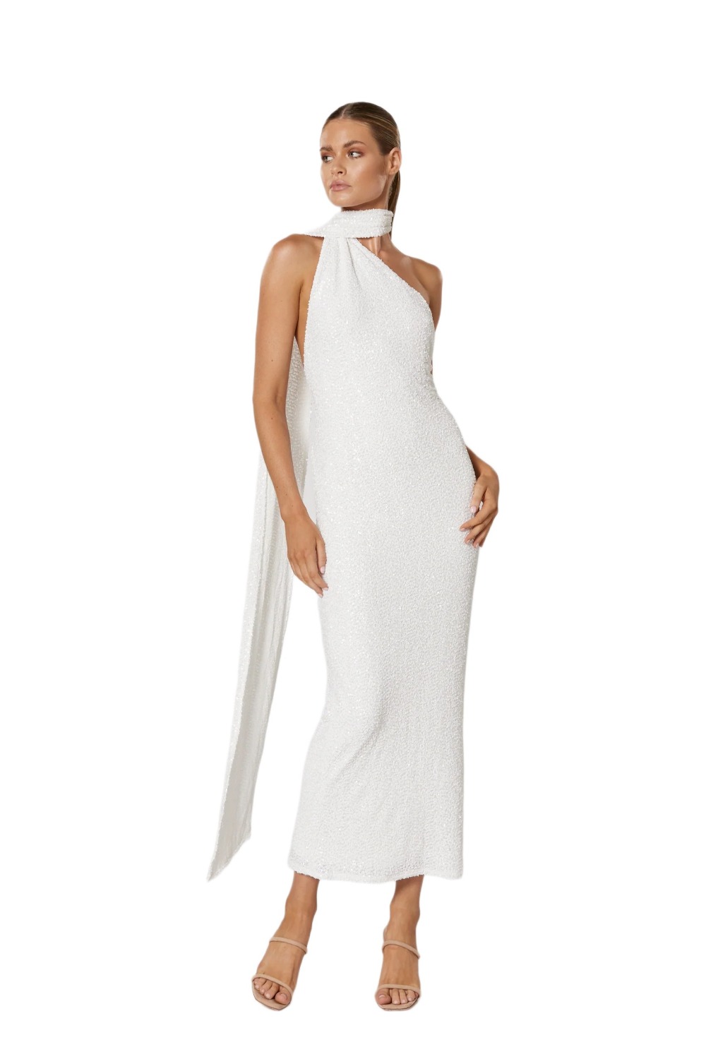 Winona Talei white sequin dress with one shoulder choker neckline and draped sash