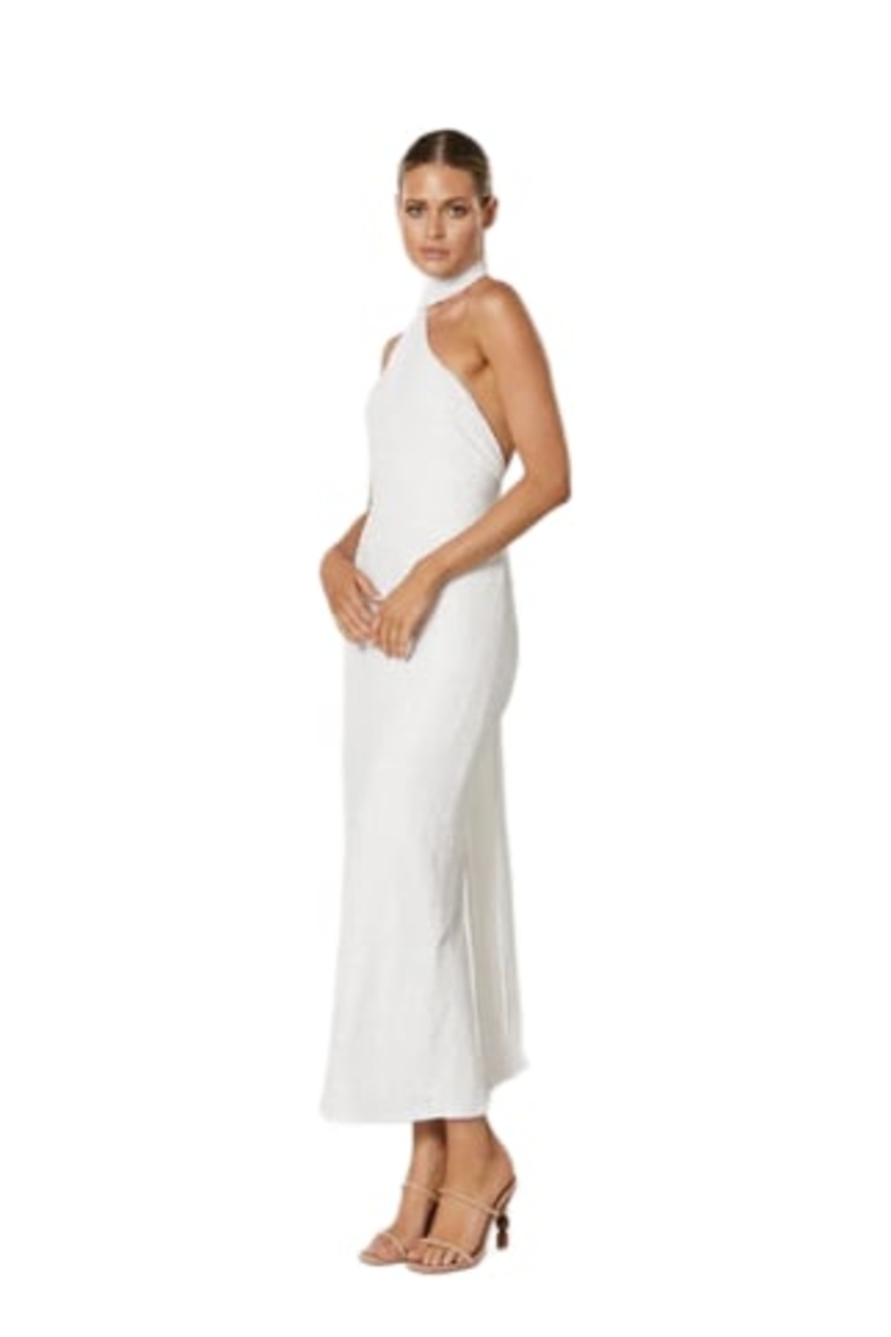 Model wearing Winona Talei white sequin one shoulder dress with scarf sash