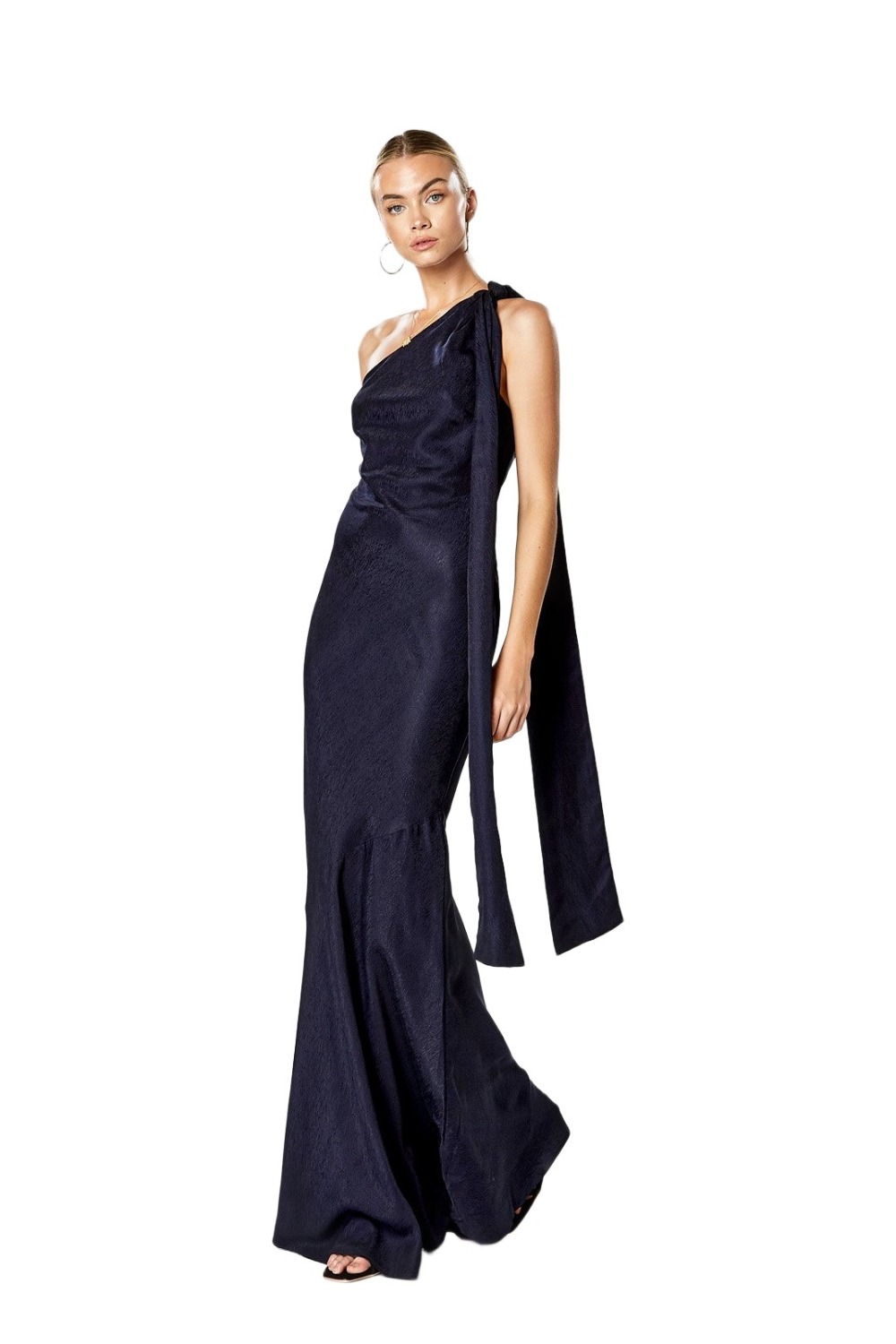 Winona Virtue navy one shoulder maxi gown with draped sash tie