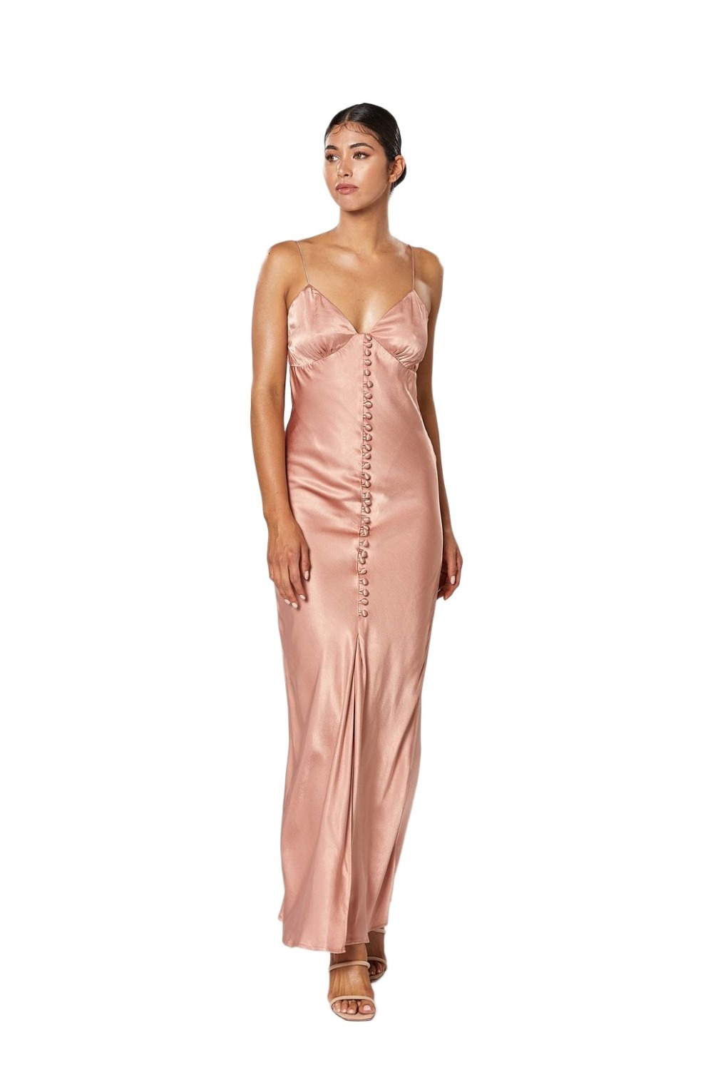 Winona Zola dusty pink satin slip maxi with bralette neckline and rouleau button front
